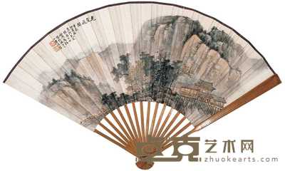 马骀 1931年作 危崖飞阁 成扇 18.5×50.5cm